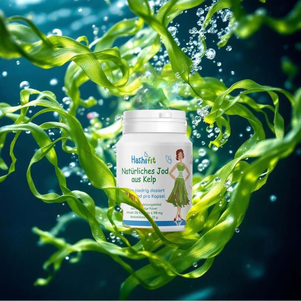 Hashifit Natürliches Jod aus Kelp – Produktdose im Meeresalgen-Hintergrund mit natürlichem Kelp als Jodquelle