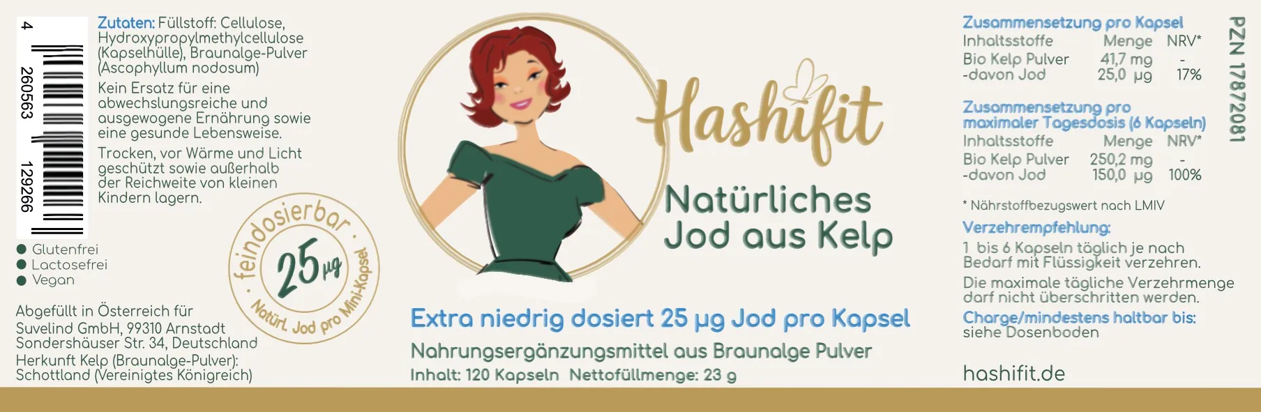 Hashifit natural iodine from organic kelp, 25µg per mini-capsule, vegan, gluten-free, lactose-free, 120 capsules.