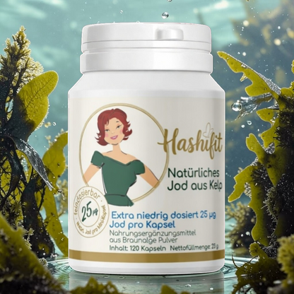Hashifit natural iodine from organic kelp, 25µg per mini-capsule, 120 vegan capsules for flexible dosing, ideal for Hashimoto.