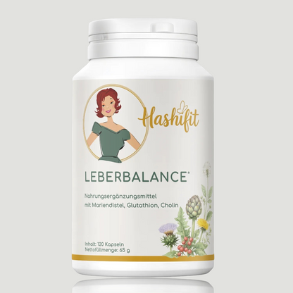 Hashifit Leberbalance supplement bottle with 120 capsules, featuring botanical illustrations and a woman&