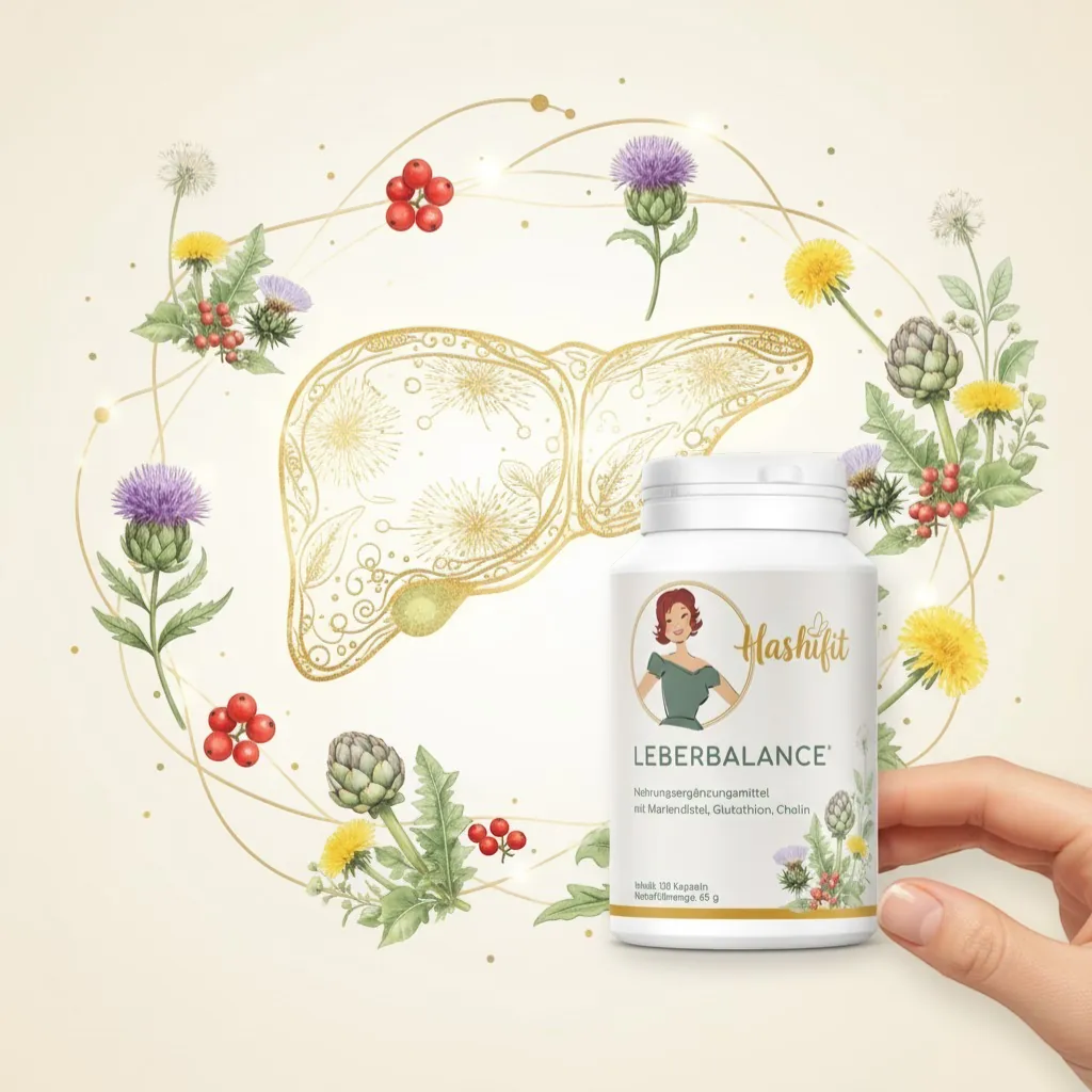 Hashifit Leberbalance supplement bottle with liver graphic and botanical illustrations. Contains milk thistle, glutathione, choline.