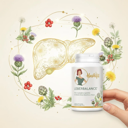 Hashifit Leberbalance supplement bottle with liver graphic and botanical illustrations. Contains milk thistle, glutathione, choline.