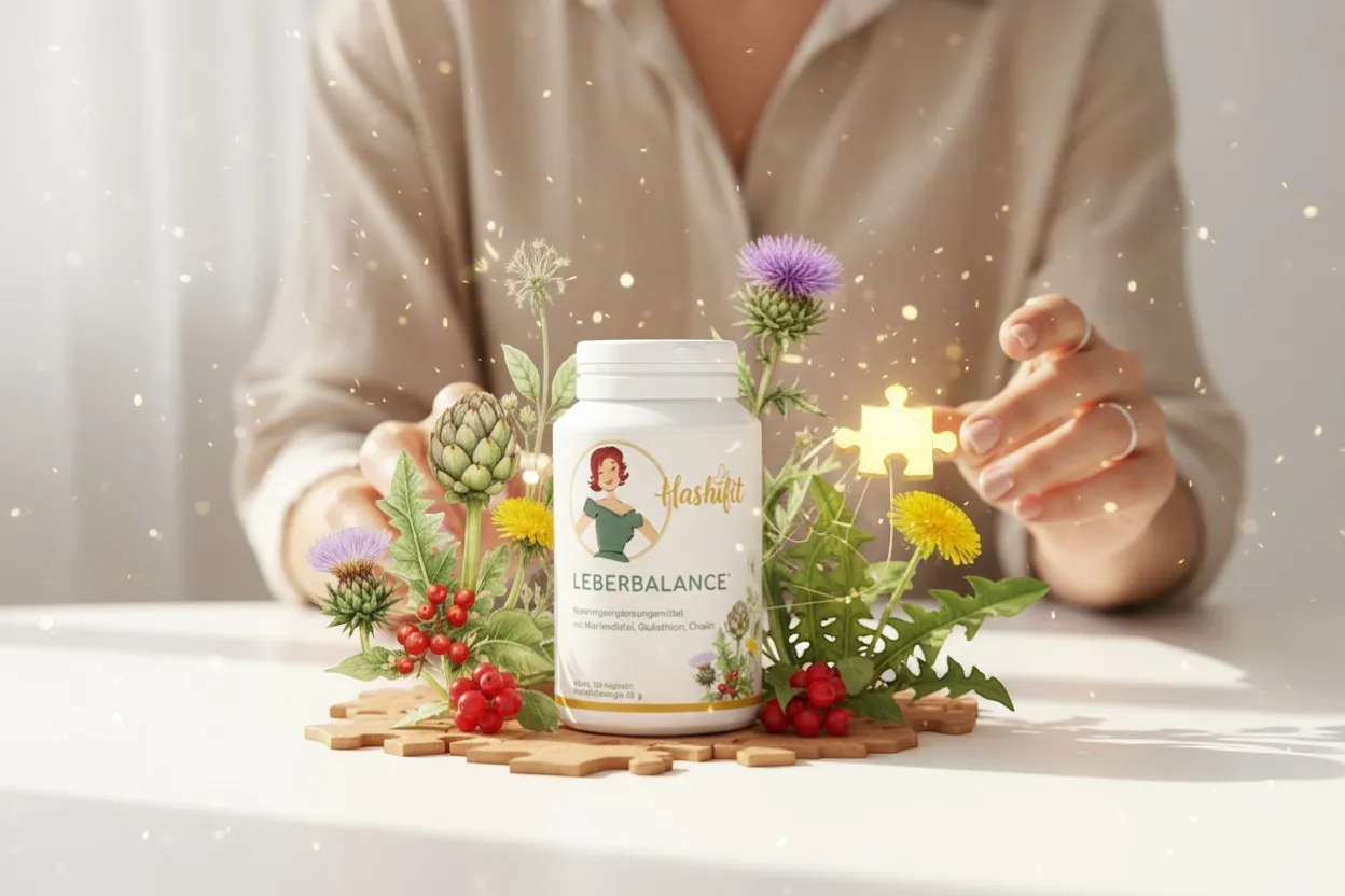 Hashifit Leberbalance supplement bottle surrounded by herbs and berries, featuring a puzzle piece motif.
