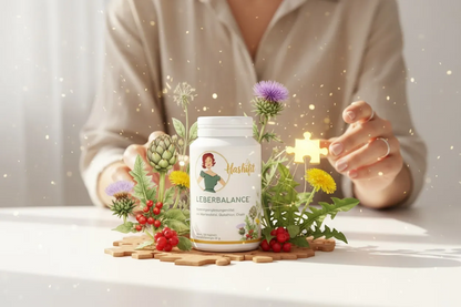 Hashifit Leberbalance supplement bottle surrounded by herbs and berries, featuring a puzzle piece motif.