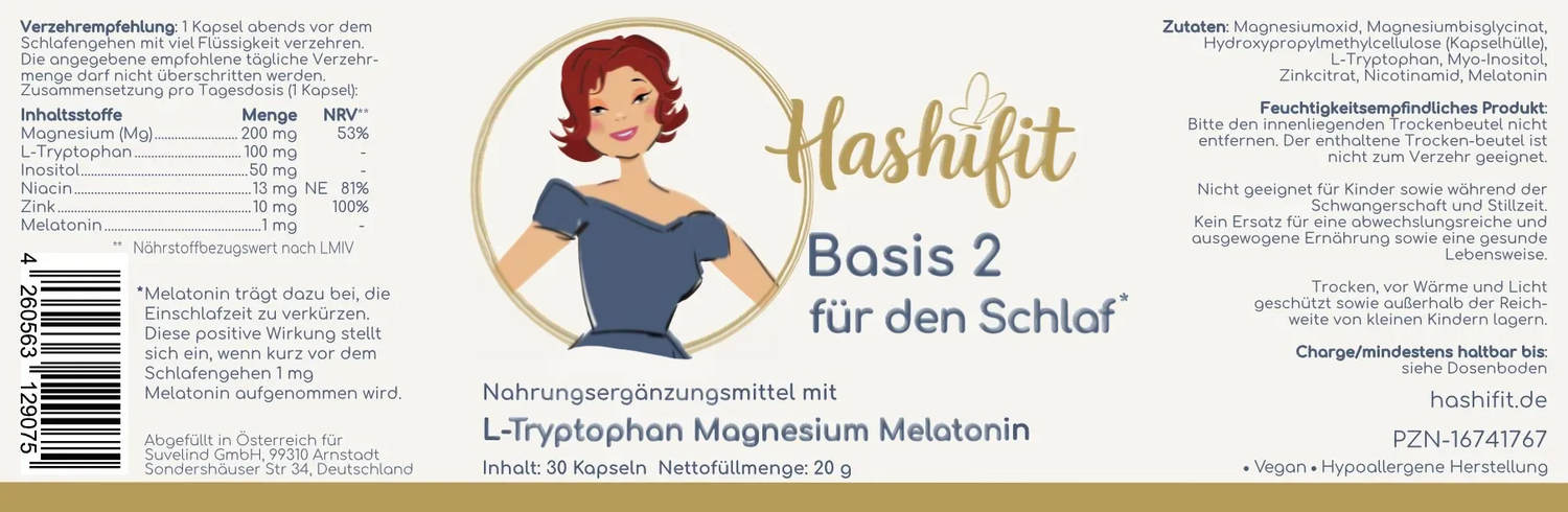 Hashifit Basis 2 für den Schlaf supplement capsules with melatonin, magnesium, and zinc for sleep and regeneration. Vegan formula.