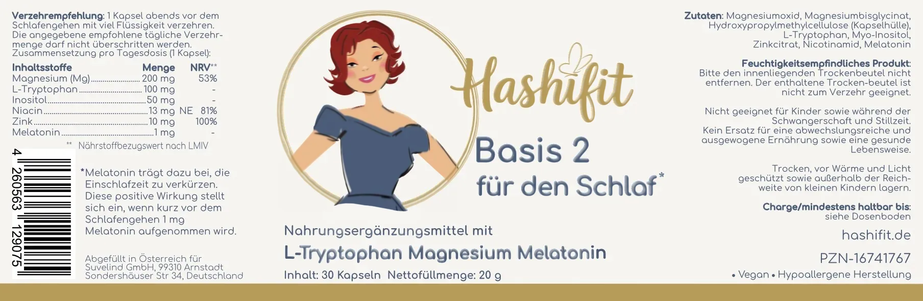 Hashifit Basis 2 für den Schlaf supplement capsules with melatonin, magnesium, and zinc for sleep and regeneration. Vegan formula.