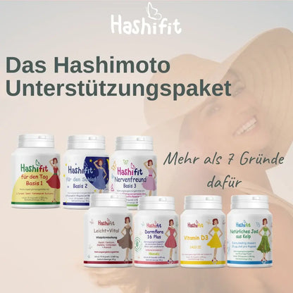 „Hashimoto Unterstützungspaket von Hashifit – ganzheitliches System aus Basis 1, Basis 2, Basis 3, Vitamin D3, Kelp Jod, Darmflora 16 Plus und Leicht + Vital