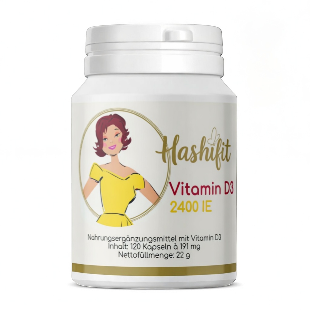 Hashifit Vitamin D3 2400 IE supplement bottle with 120 vegetarian mini-capsules. Features a graphic of a woman in a yellow dress.
