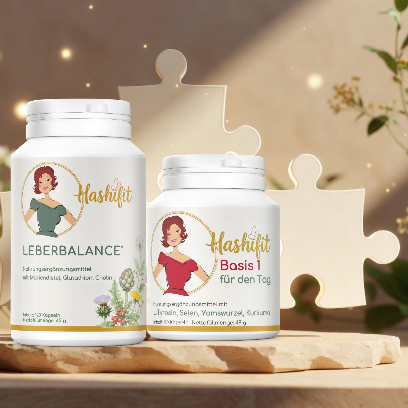 Hashifit Basis 1 und Leberbalance vor Puzzle-Symbol als Darstellung eines ganzheitlichen Vitalstoff-Systems