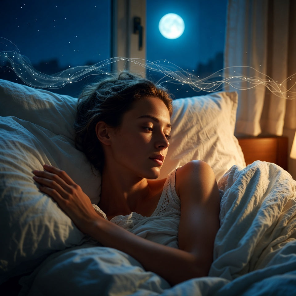 Frau mit Schlafproblemen durch Stress – aktives Nervensystem und Gedanken vor dem Einschlafen