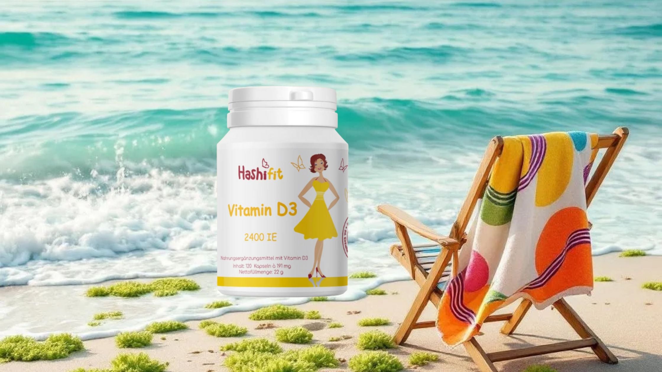 liege stuhl  am meer mit einem bunten hanttuch und das bild von Hashifit vitamin d3