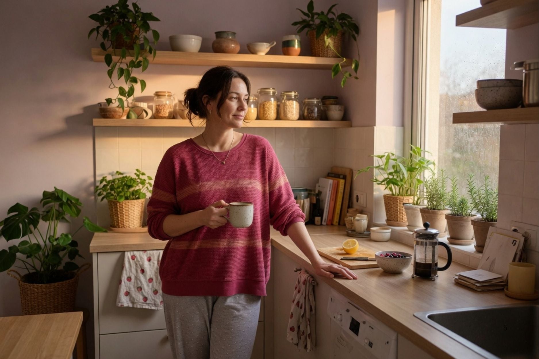 Frau in gemütlicher Küche mit Tasse am Morgen als Alltagssituation für Routinen und bewussten Lebensstil mit hashifit