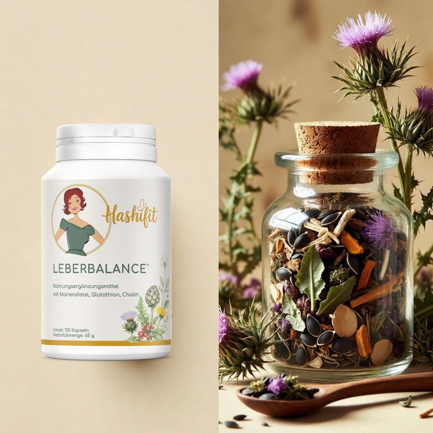 Hashifit  Leberbalance mit natürlichen Pflanzenstoffen und Kräutern auf Holzuntergrund
