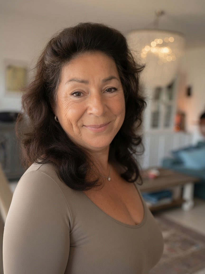 Parri Mortazavi, Heilpraktikerin mit Schwerpunkt Hashimoto und orthomolekulare Medizin, lächelt freundlich in die Kamera. Sie trägt ein taupefarbenes Oberteil und steht in einem hellen, wohnlichen Raum mit unscharfem Hintergrund.
