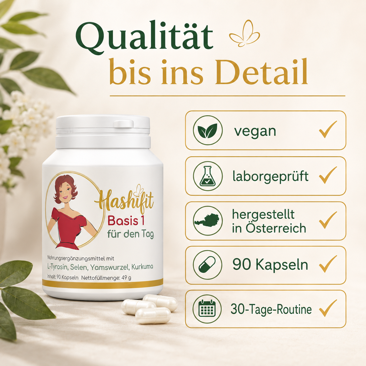 Hashifit Basis 1 in veganer, laborgeprüfter Qualität, hergestellt in Österreich, mit 90 Kapseln für eine 30-Tage-Routine.