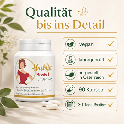 Hashifit Basis 1 in veganer, laborgeprüfter Qualität, hergestellt in Österreich, mit 90 Kapseln für eine 30-Tage-Routine.