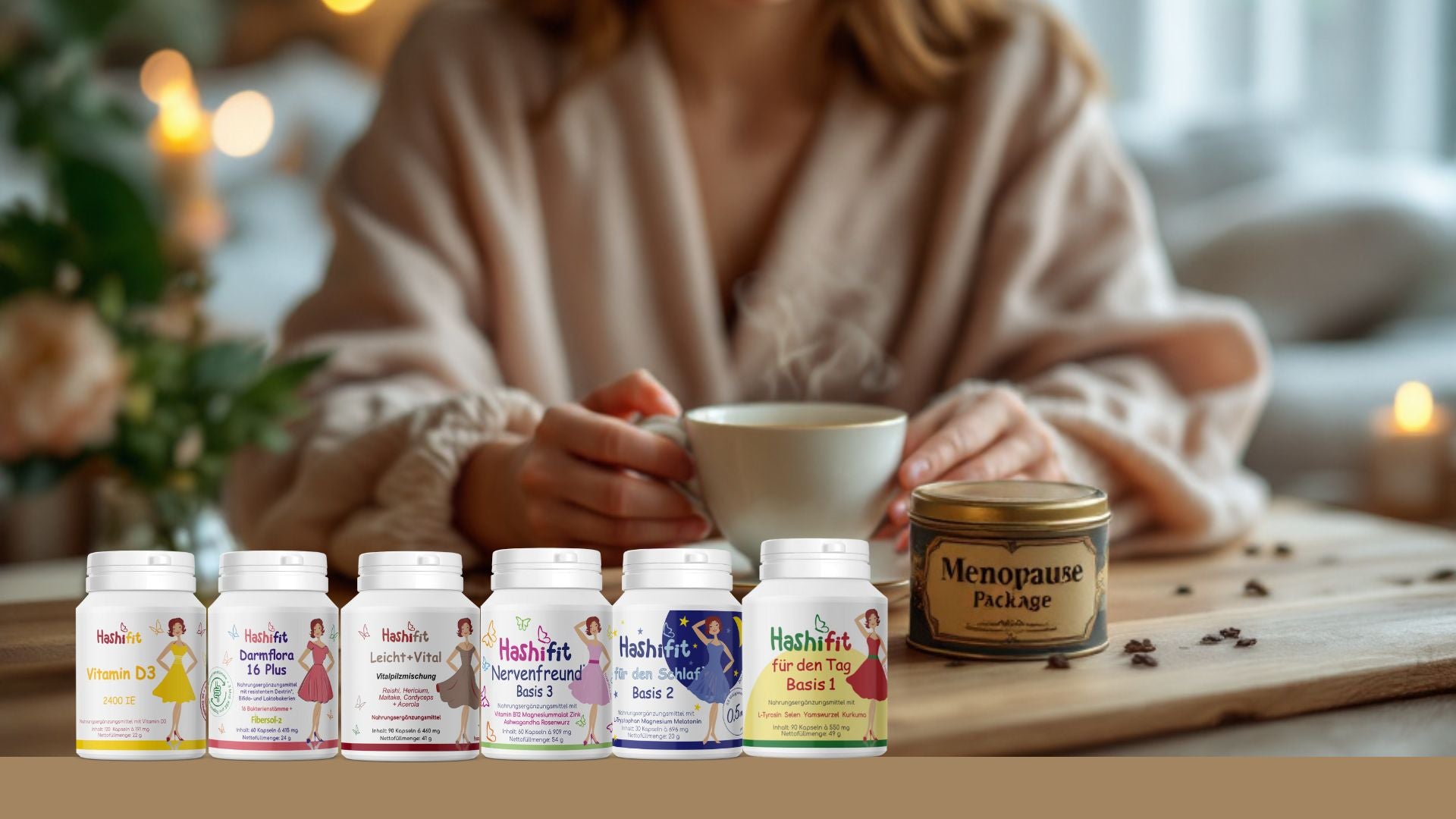 Hashifit Wechseljahre-Paket – Komplettset mit Basis 1, Basis 2, Basis 3, Leicht & Vital, Vitamin D3 und Darmflora 16 Plus für ganzheitliche Unterstützung in den Wechseljahren